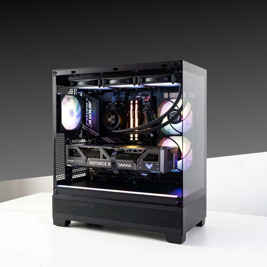 INFINITY XT Gaming PC with Ryzen 7 9800X3D, ASUS TUF Gaming GeForce RTX 5080, in Phanteks XT View ATX Case, featuring RGB lighting.