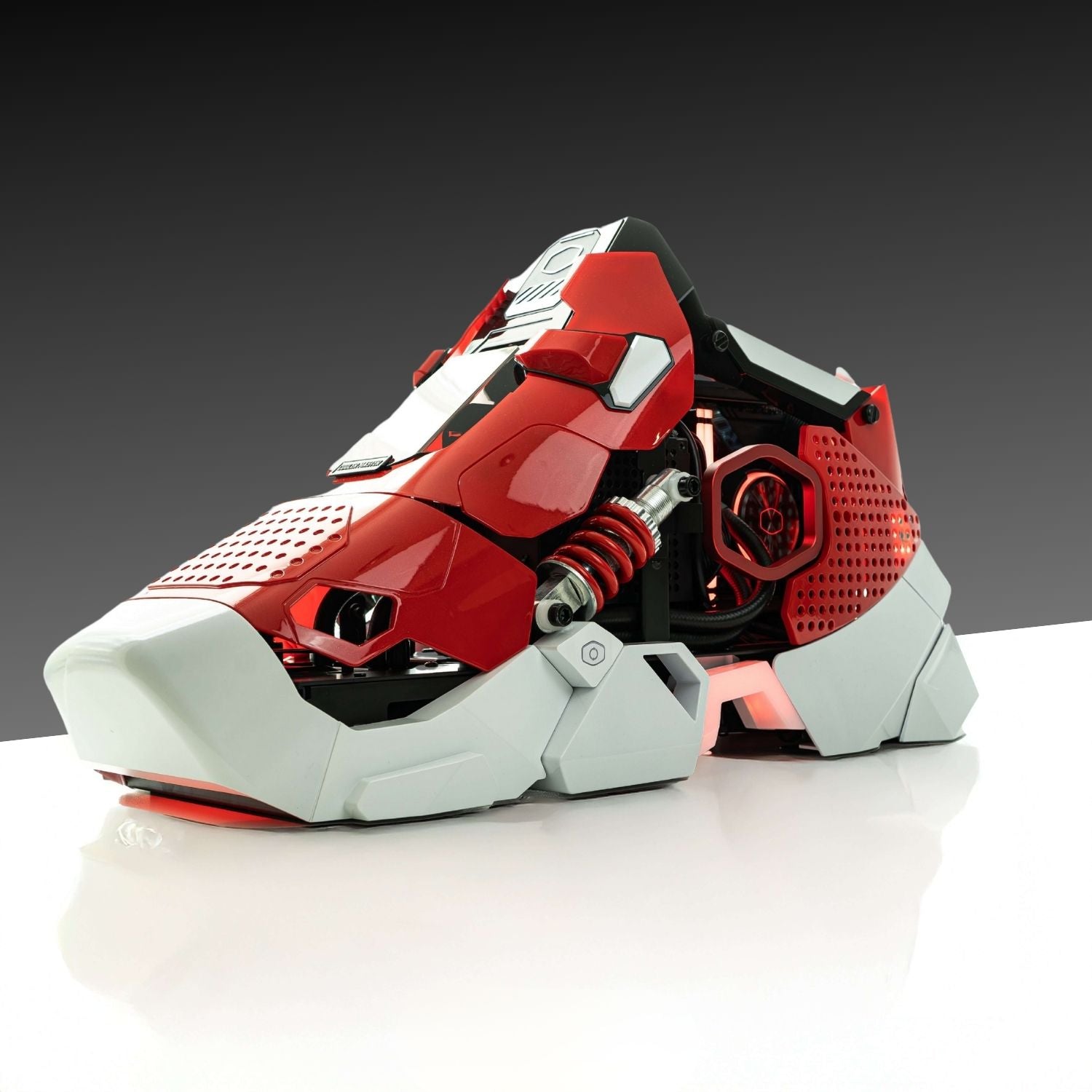 Red and white APEX Sneaker X PC with Intel Core Ultra 9 and ASUS GeForce RTX 5080, inspired by sneaker culture design.