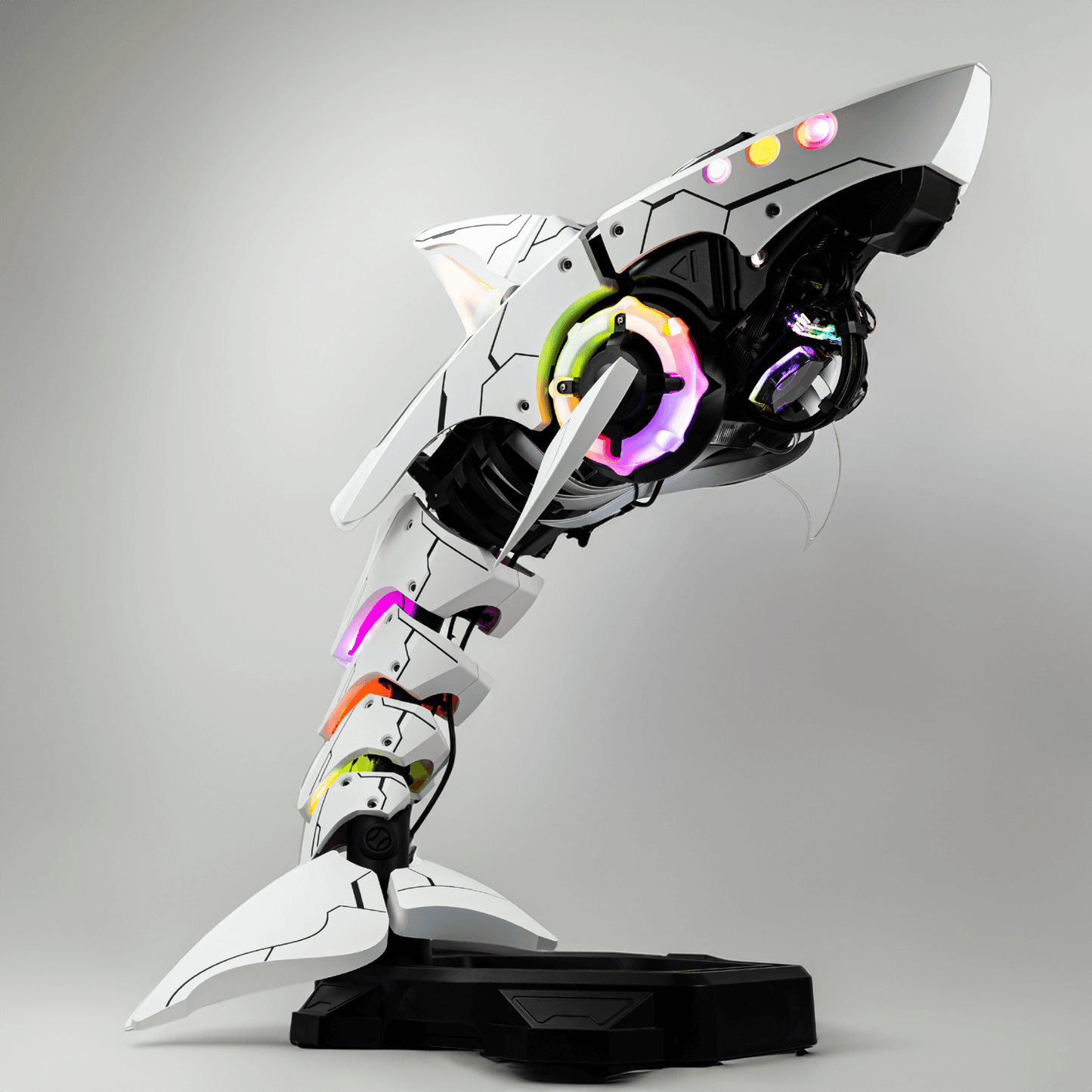 APEX Shark X PC featuring Intel Core Ultra 9 and GeForce RTX 5080, unique shark design blending technology and art, side view.