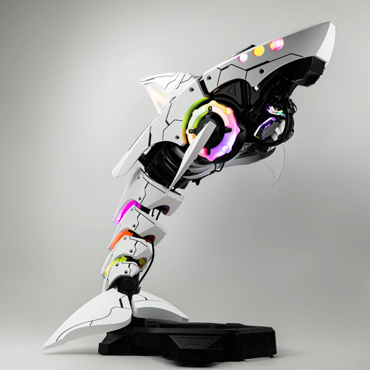 APEX Shark X PC featuring Intel Core Ultra 9 and GeForce RTX 5080, unique shark design blending technology and art, side view.