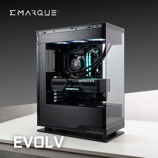 EVOLV gaming PC with AMD Ryzen 7 7800X3D, GeForce RTX 5070 TI, in Phanteks Evolv X2 case, black, showing sleek design and cooling system.