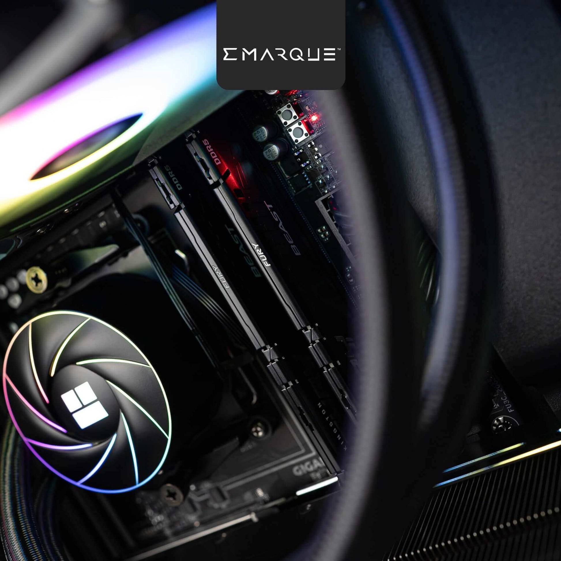 EMARQUE FLOW Gaming PC close-up with RGB and advanced cooling system