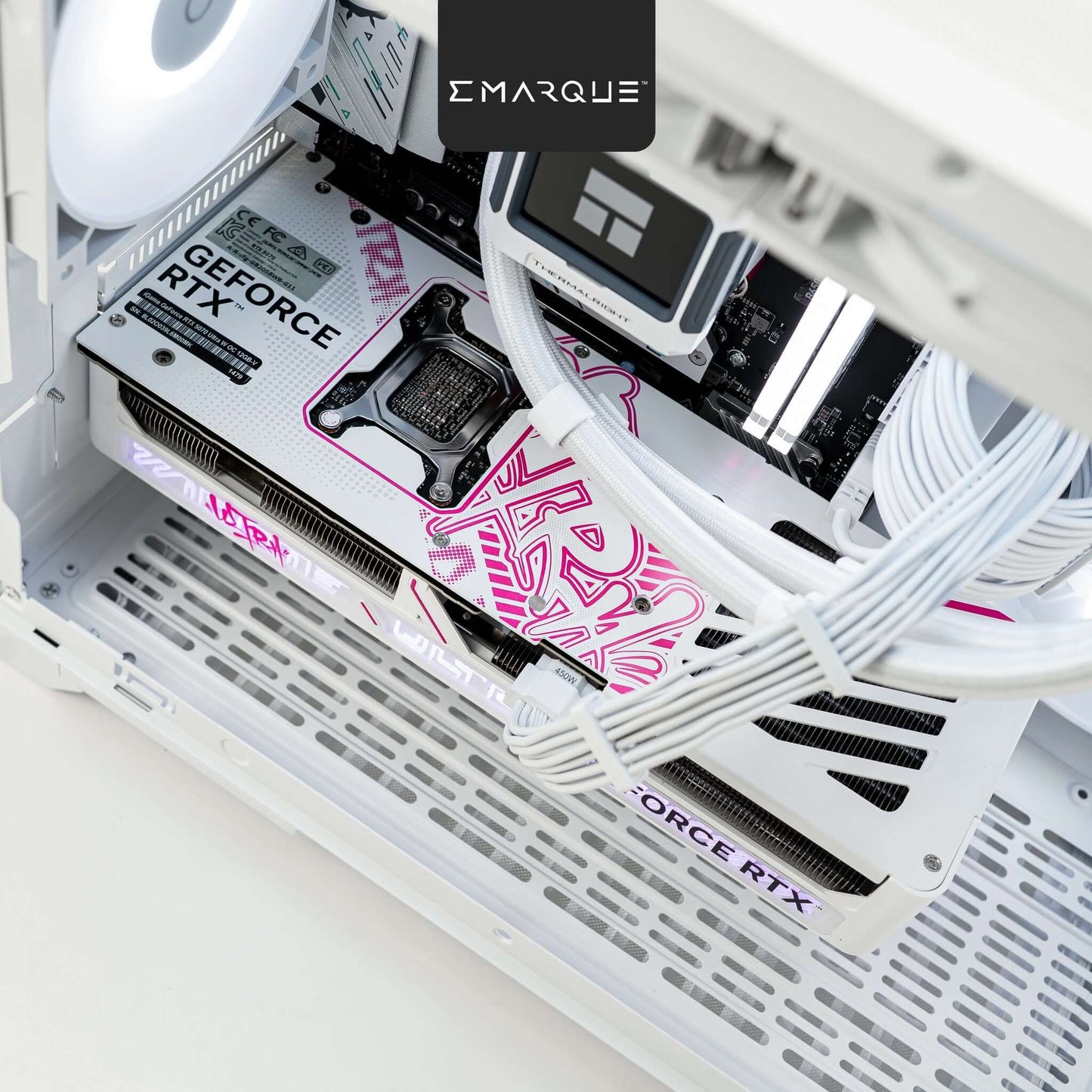 Close-up of INFINITY MINI PC build with GeForce RTX 5070, white cabling, and Tecware VXN Evo Omni ARGB casing.