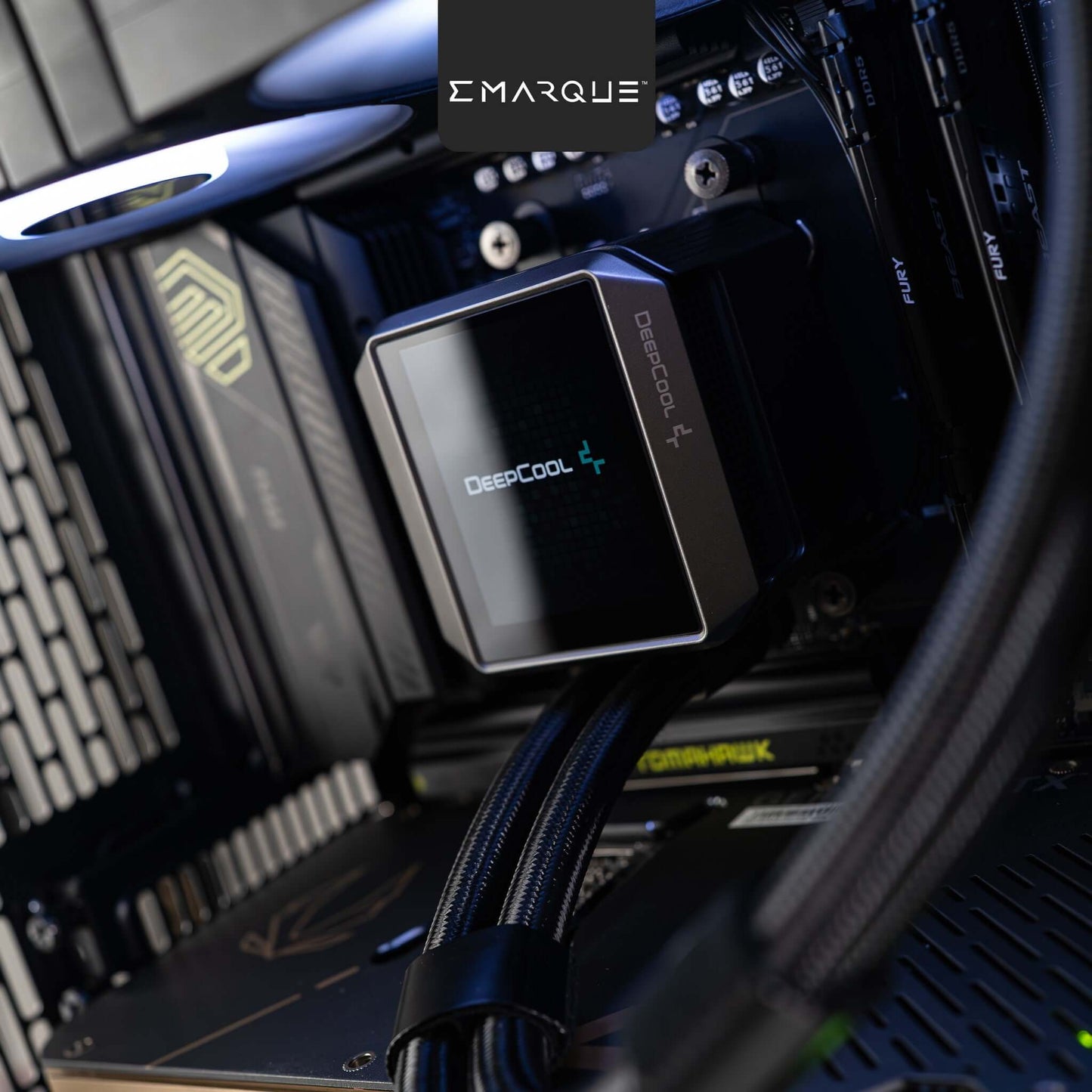 Close-up of DeepCool cooling system inside a high-performance PC build with ASUS components, ideal for gaming setups.