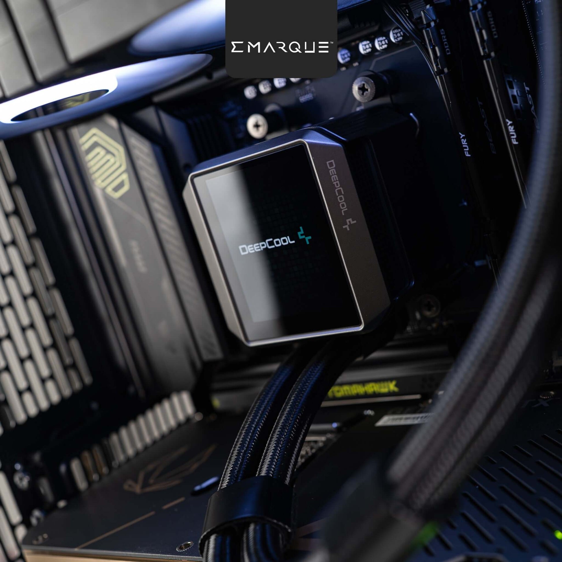 Close-up of DeepCool cooling system inside a high-performance PC build with ASUS components, ideal for gaming setups.