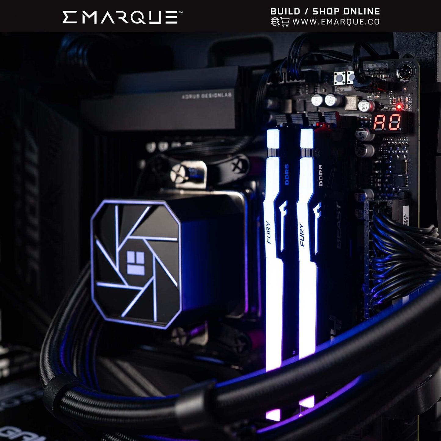 Close-up of AMD Ryzen 7 7800X3D gaming PC build with neon-lit KINGSTON FURY BEAST RGB RAM inside PHANTEKS EVOLV X2 chassis.