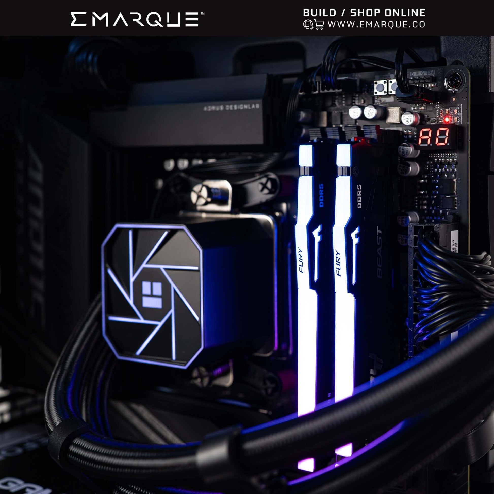 Close-up of AMD Ryzen 7 7800X3D gaming PC build with neon-lit KINGSTON FURY BEAST RGB RAM inside PHANTEKS EVOLV X2 chassis.