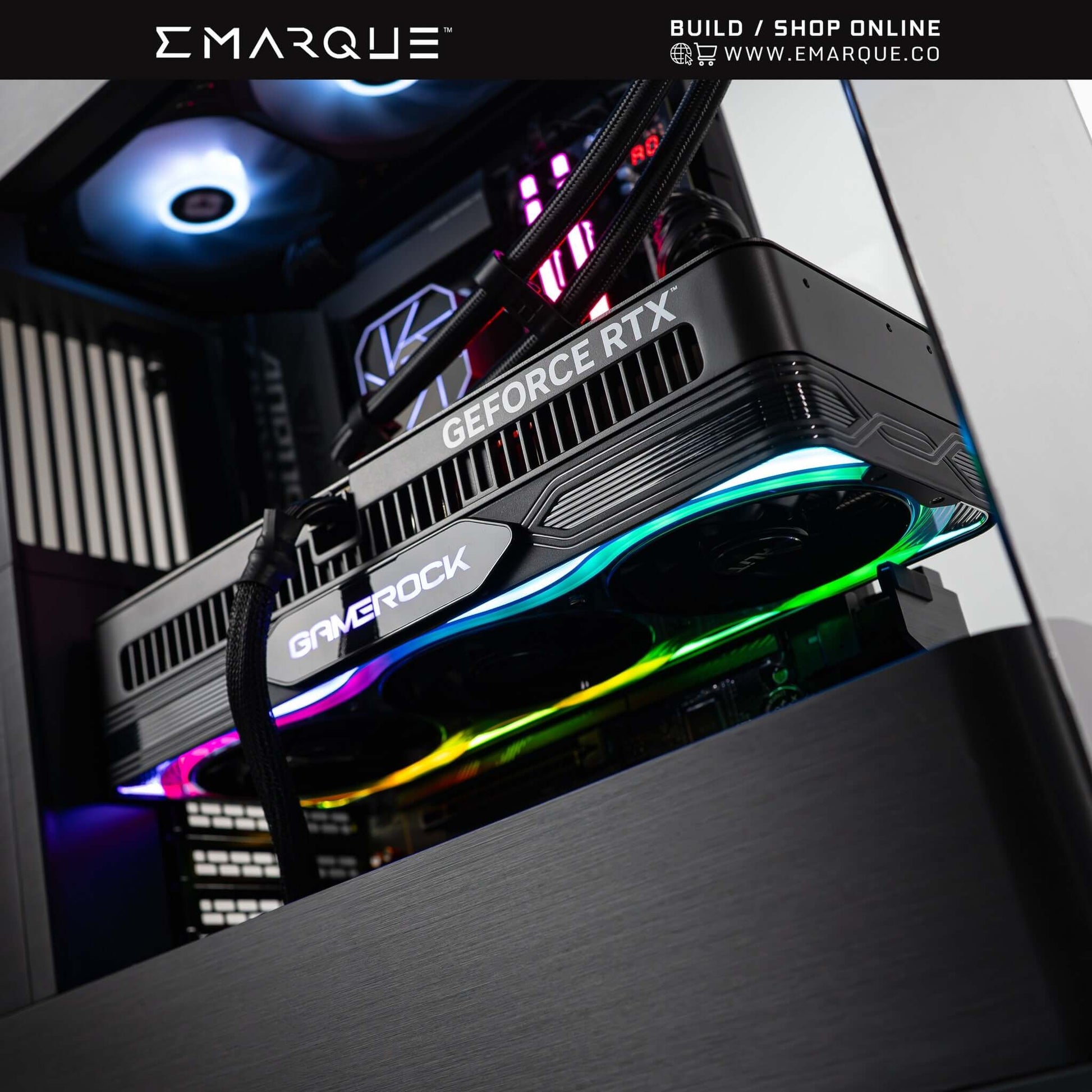 Inside view of gaming PC featuring GeForce RTX 5070 TI graphics card with RGB lighting and sleek design.