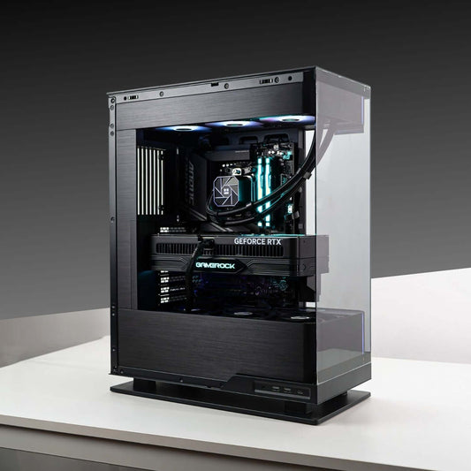 EVOLV PC featuring AMD Ryzen 7 7800X3D, GeForce RTX 5070 TI, in PHANTEKS EVOLV X2 TG DRGB chassis, on white desk.