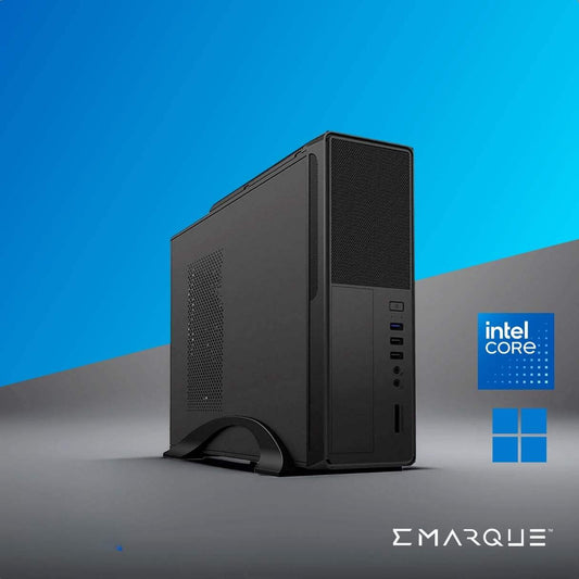 ECHO 3 Office Desktop PC with Intel Core i3-14100 and UHD Graphics 730 against blue background with EMARQUE logo.