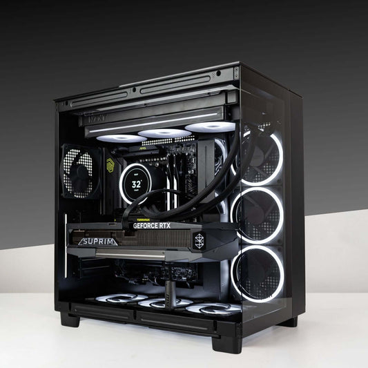 High-performance PC with AMD Ryzen 7 9800X3D, MSI GeForce RTX 5090, NZXT H9 Elite case, and RGB cooling system.