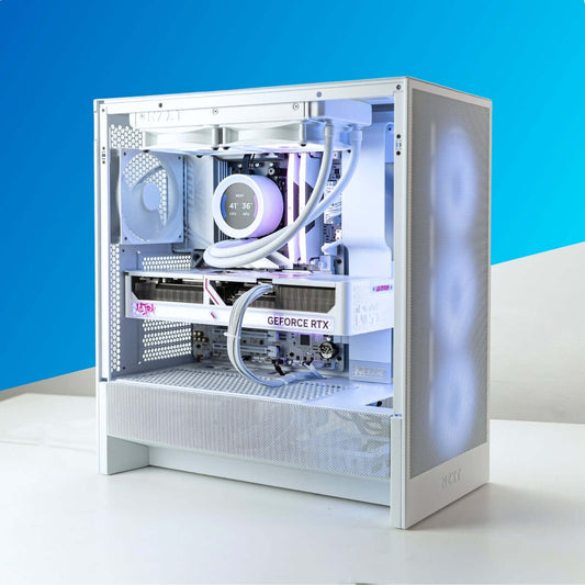 CLOUD Gaming PC with AMD Ryzen 7 9800X3D and NVIDIA GeForce RTX 5080 in a stylish white NZXT case, showcasing advanced cooling.