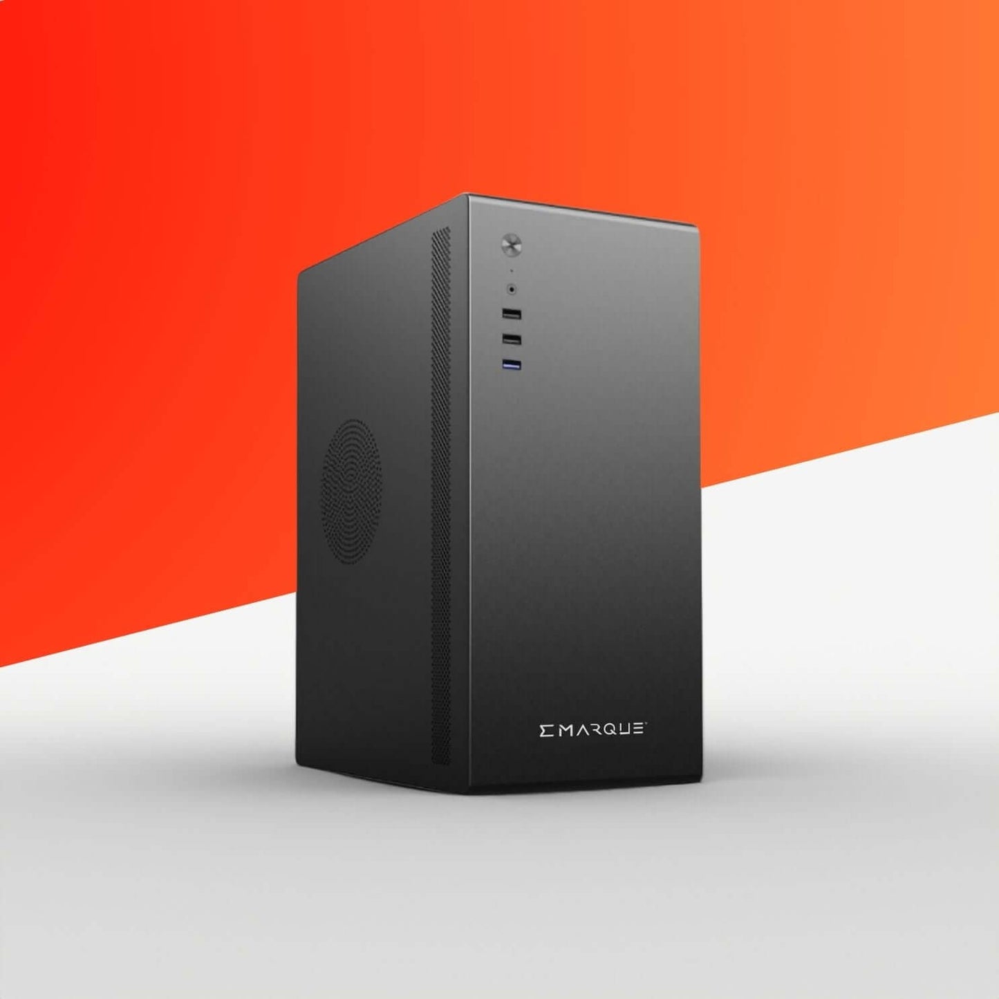EMARQUE CORE 5 Office Desktop PC with AMD Ryzen 5 5600G and Radeon Vega 7, sleek design with black case against an orange and white background.