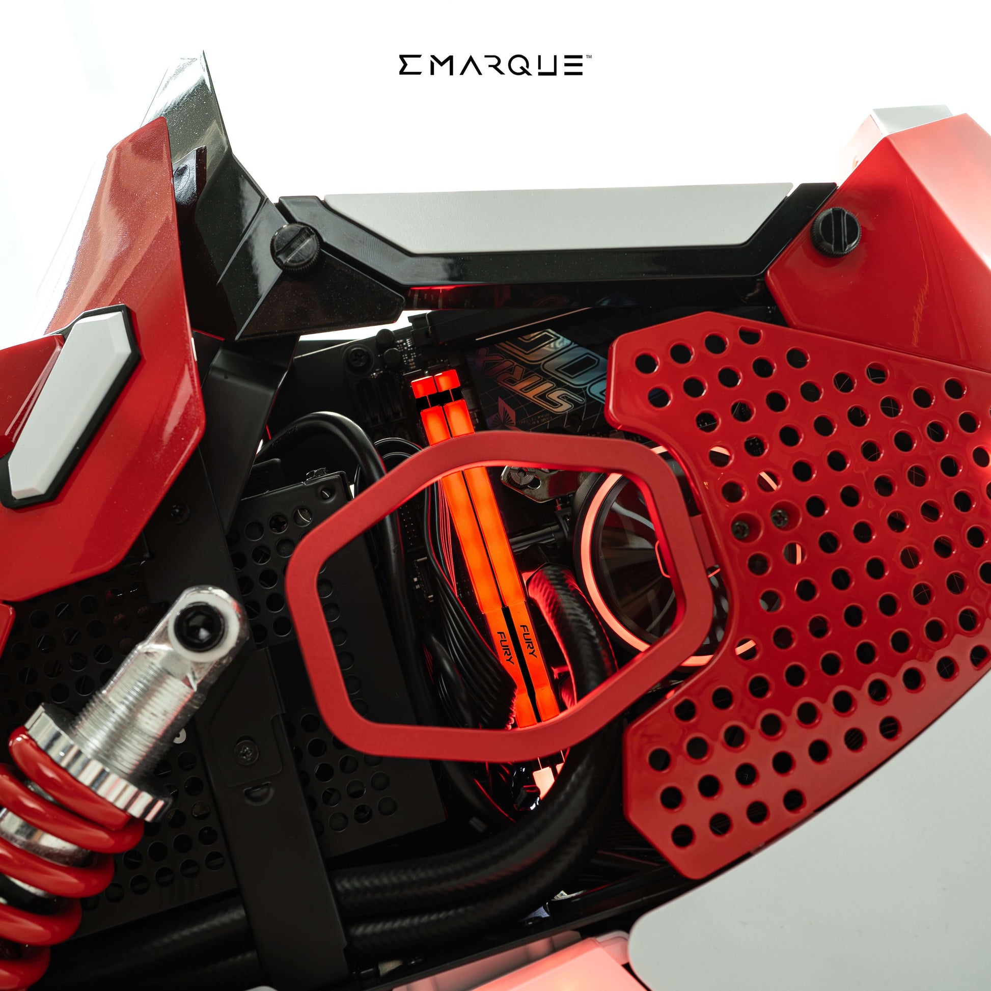 Close-up of APEX Sneaker X PC, featuring red and black design elements, highlighting intricate internal components and unique build.