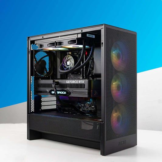 FLOW gaming PC with AMD Ryzen 7 9800X3D and GeForce RTX 5080 featuring vibrant RGB lighting, ideal for high-performance gaming.
