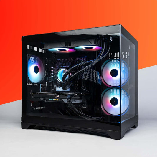 INFINITY Gaming PC with AMD Ryzen 7 7800X3D and Radeon RX 9070 XT, featuring Tecware VXN EVO OMNI ARGB chassis with RGB fans.