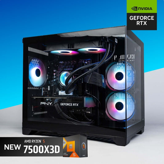 Open computer case with RGB lighting, PNY and NVIDIA branding, on a blue and gray gradient background.