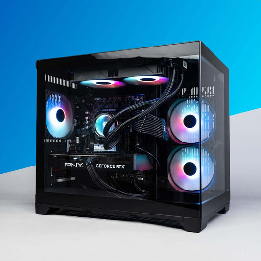 INFINITY Gaming PC with AMD Ryzen 7 7800X3D and GeForce RTX 5070 Ti, featuring ARGB lighting, showcased against a blue background.