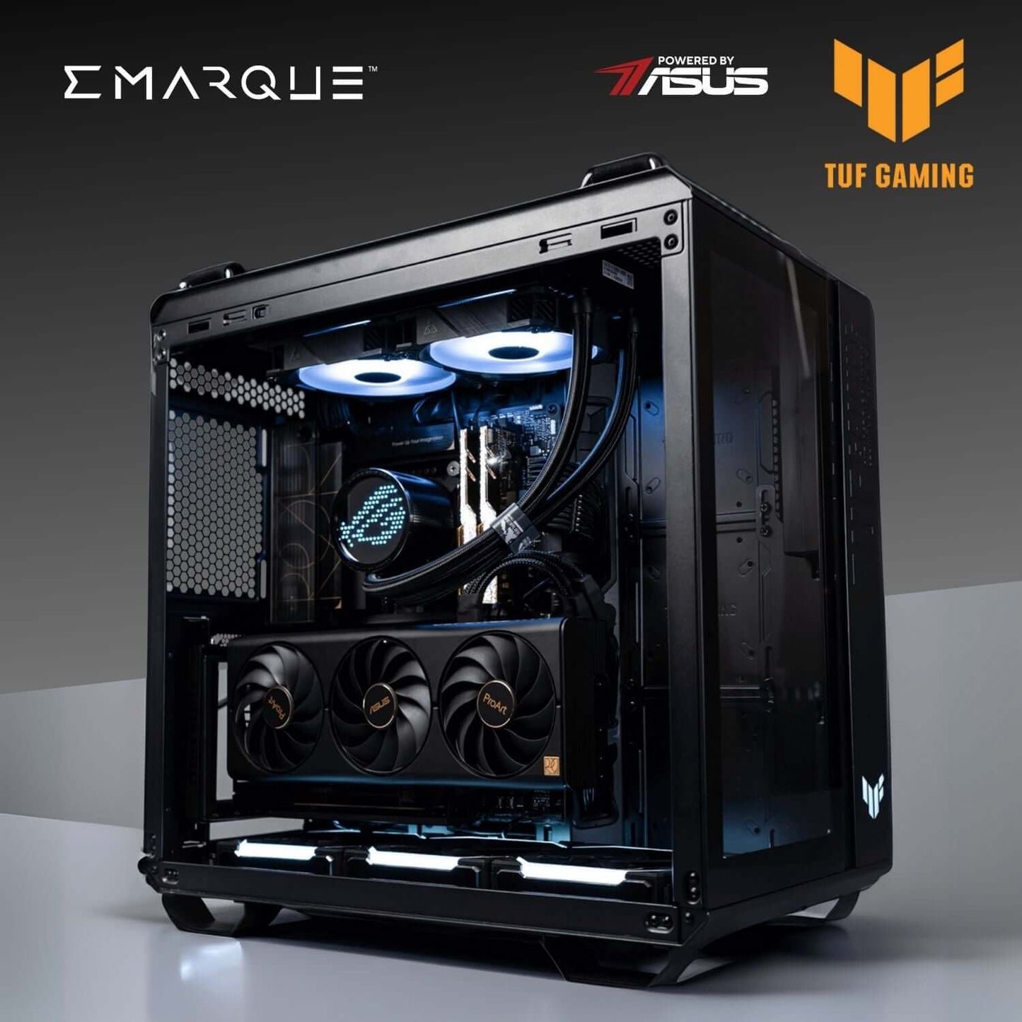 TUF GT PC featuring AMD Ryzen 7 9800X3D and ASUS TUF GeForce RTX 5080 with dual-chamber design for optimal cooling and performance.