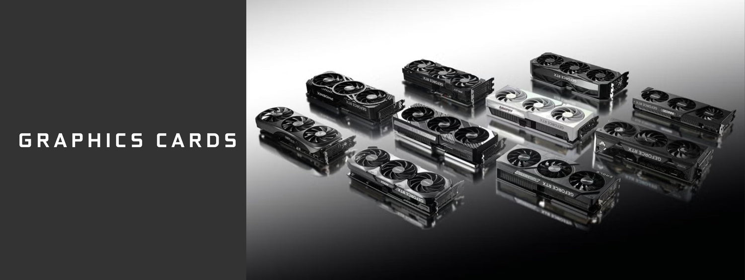 Wide selection of RTX graphics cards including RTX 5060, 5070, 5080 by ASUS, MSI, and Gigabyte displayed on a gradient background.