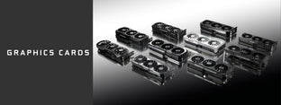 Wide selection of RTX graphics cards including RTX 5060, 5070, 5080 by ASUS, MSI, and Gigabyte displayed on a gradient background.