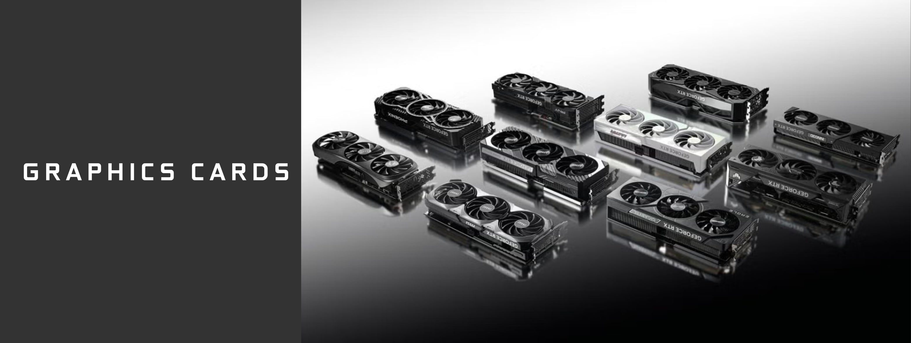 Wide selection of RTX graphics cards including RTX 5060, 5070, 5080 by ASUS, MSI, and Gigabyte displayed on a gradient background.