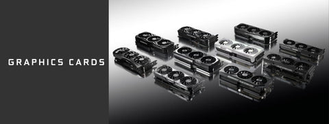 Wide selection of RTX graphics cards including RTX 5060, 5070, 5080 by ASUS, MSI, and Gigabyte displayed on a gradient background.