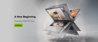 A New Beginning, powered by NVIDIA RTX Spark. Three RTX Spark laptops fanned open above an exposed RTX Spark Superchip board