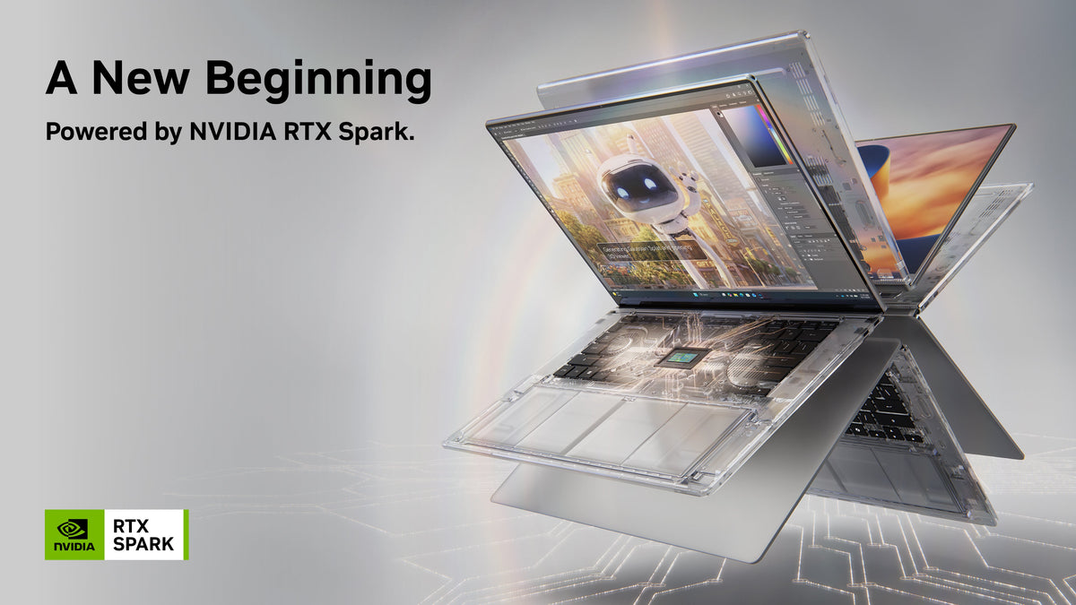 A New Beginning, powered by NVIDIA RTX Spark. An RTX Spark laptop with a see-through chassis showing the RTX Spark Superchip, beside two more open laptops