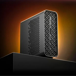 EMARQUE AI Eclipse AI mini PC, angled front view of the black chassis and diamond mesh grille lit against an amber backdrop