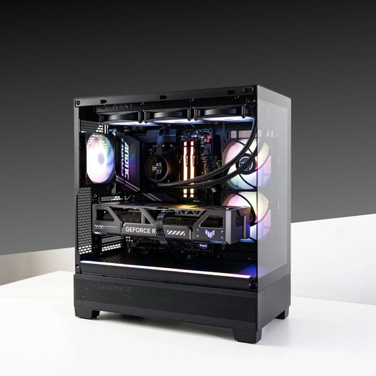 INFINITY XT Gaming PC with Ryzen 7 9800X3D, ASUS TUF Gaming GeForce RTX 5080, in Phanteks XT View ATX Case, featuring RGB lighting.