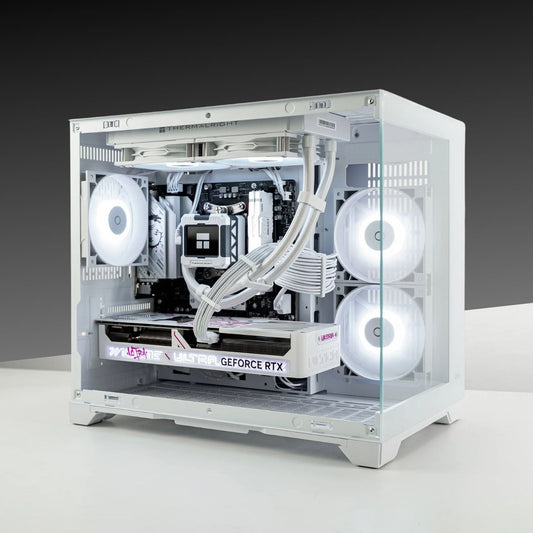 Infinity Mini high-performance PC with AMD Ryzen 5 7600X, GeForce RTX 5070, and Tecware VXN Evo casing in white, showcasing sleek design.