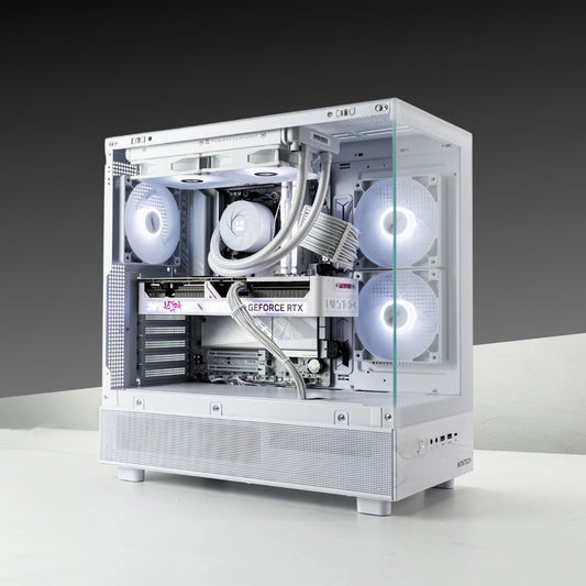 XT White gaming PC with AMD Ryzen 7 7800X3D, GeForce RTX 5070, and RGB lighting in a MONTECH XR ATX case.