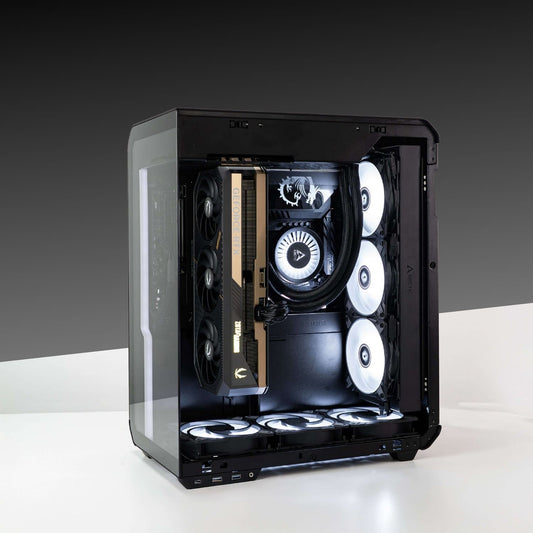 XHUTTLE gaming PC with AMD Ryzen 7 9800X3D, GeForce RTX 5090, and SSUPD Xhuttle Dual Chamber ATX Case - Side View