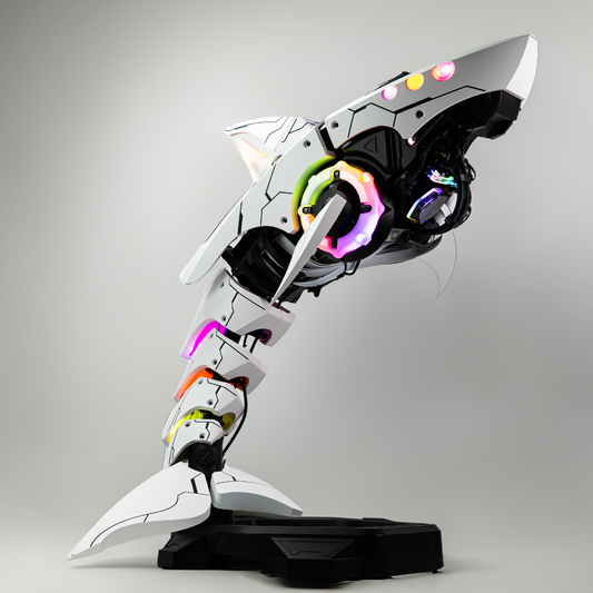 APEX Shark X PC featuring Intel Core Ultra 9 and GeForce RTX 5080, unique shark design blending technology and art, side view.