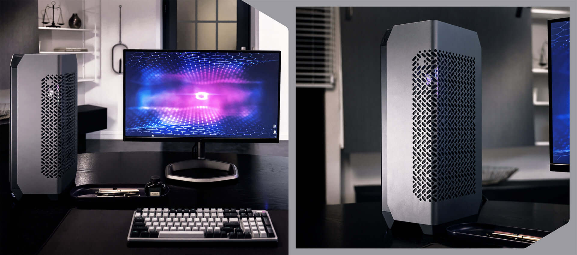 Racing simulator setup featuring Cooler Master NCORE PC with triple monitors, keyboard, and DynX Racing elements on a sleek desk.