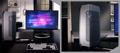 Racing simulator setup featuring Cooler Master NCORE PC with triple monitors, keyboard, and DynX Racing elements on a sleek desk.