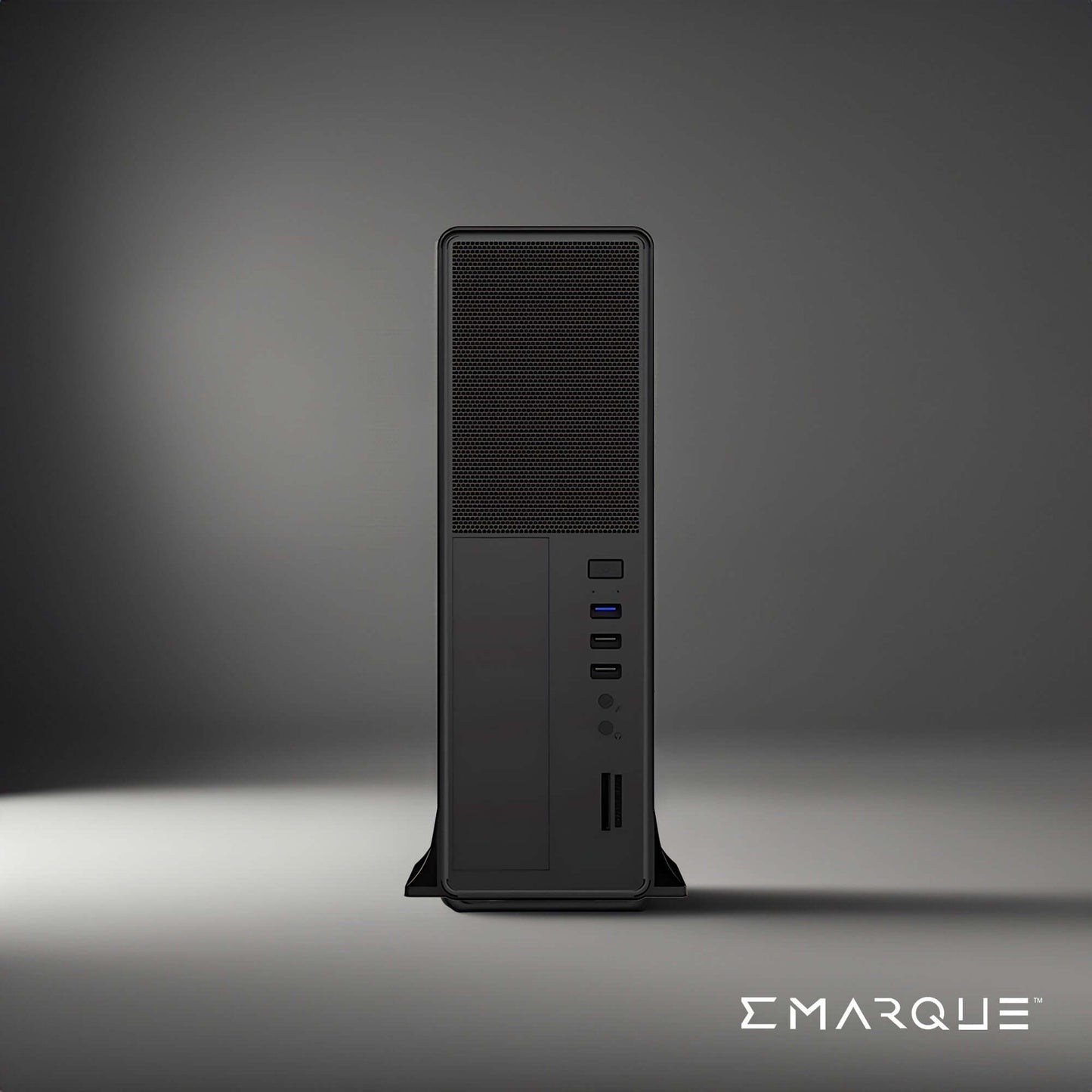ECHO 3 Office Desktop PC by EMARQUE featuring Intel Core i3-14100 and UHD Graphics 730, front view showcasing ports and modern design.
