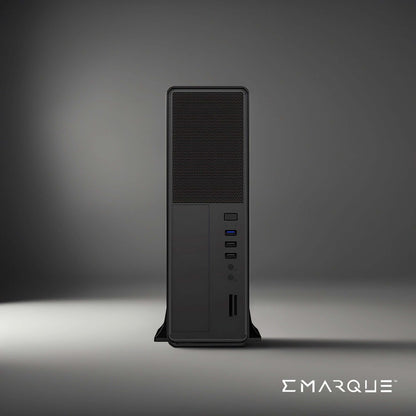 ECHO 3 Office Desktop PC by EMARQUE featuring Intel Core i3-14100 and UHD Graphics 730, front view showcasing ports and modern design.