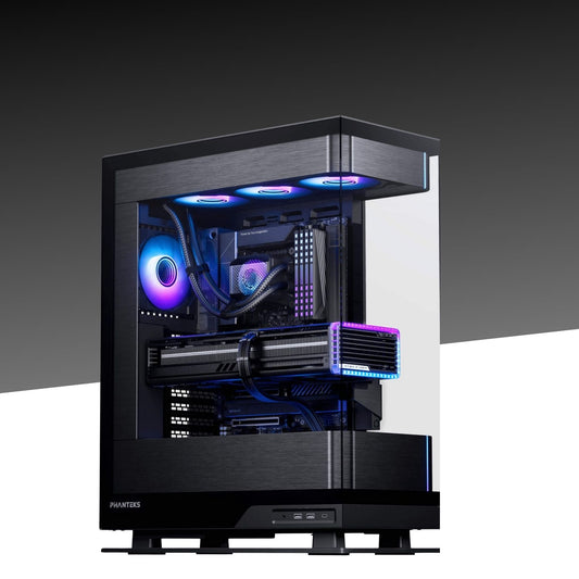 EVOLV gaming PC with AMD Ryzen 7 9800X3D and RTX 5090 showcased in Phanteks Evolv X2 case with RGB lighting, angled view.