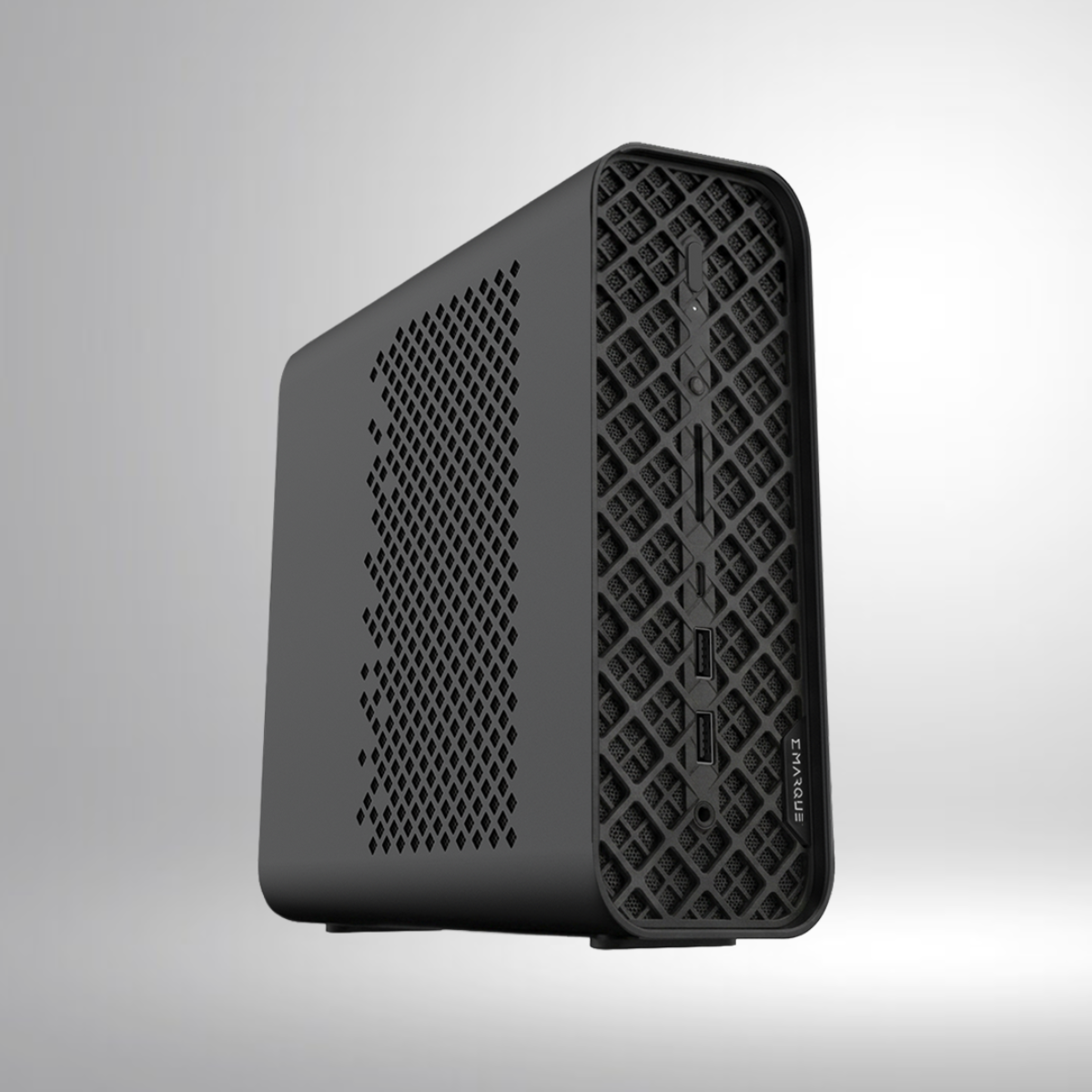 EMARQUE AI Eclipse front and side, showing the power button, dual USB Type-A ports and EMARQUE wordmark on the mesh front panel
