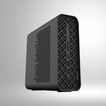 EMARQUE AI Eclipse front and side, showing the power button, dual USB Type-A ports and EMARQUE wordmark on the mesh front panel