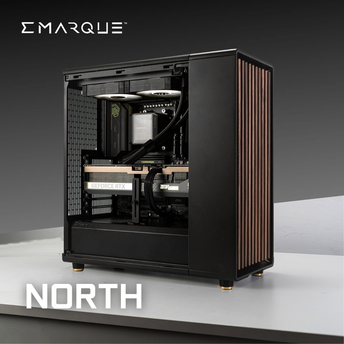 NORTH-PC with AMD Ryzen 7 9800X3D, GeForce RTX 5070 Ti in Fractal Design North Charcoal Black chassis, ultimate gaming setup.