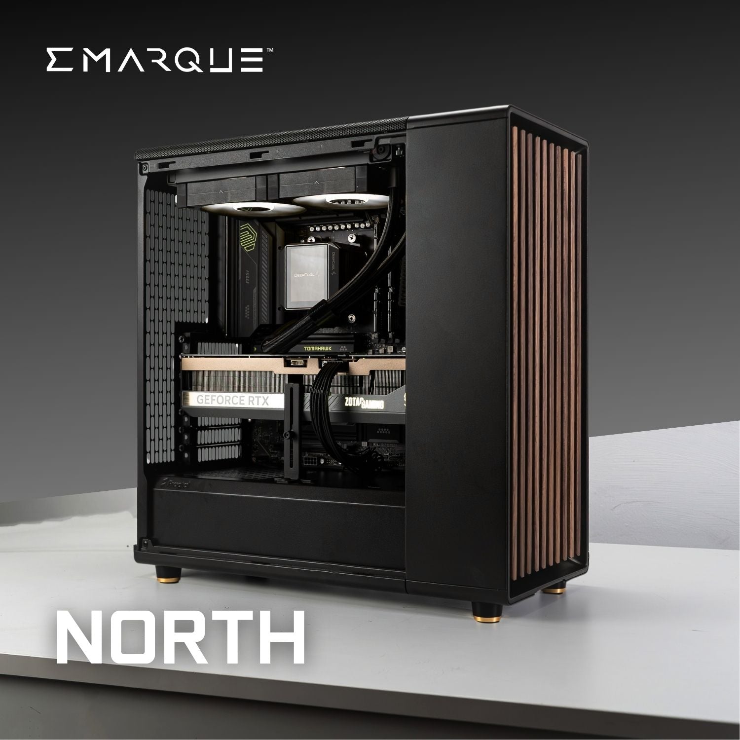 NORTH-PC with AMD Ryzen 7 9800X3D, GeForce RTX 5070 Ti in Fractal Design North Charcoal Black chassis, ultimate gaming setup.