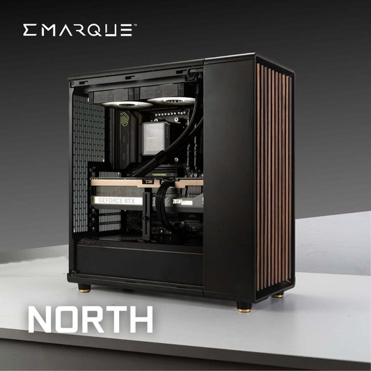 NORTH-PC with AMD Ryzen 7 9800X3D, GeForce RTX 5070 Ti in Fractal Design North Charcoal Black chassis, ultimate gaming setup.