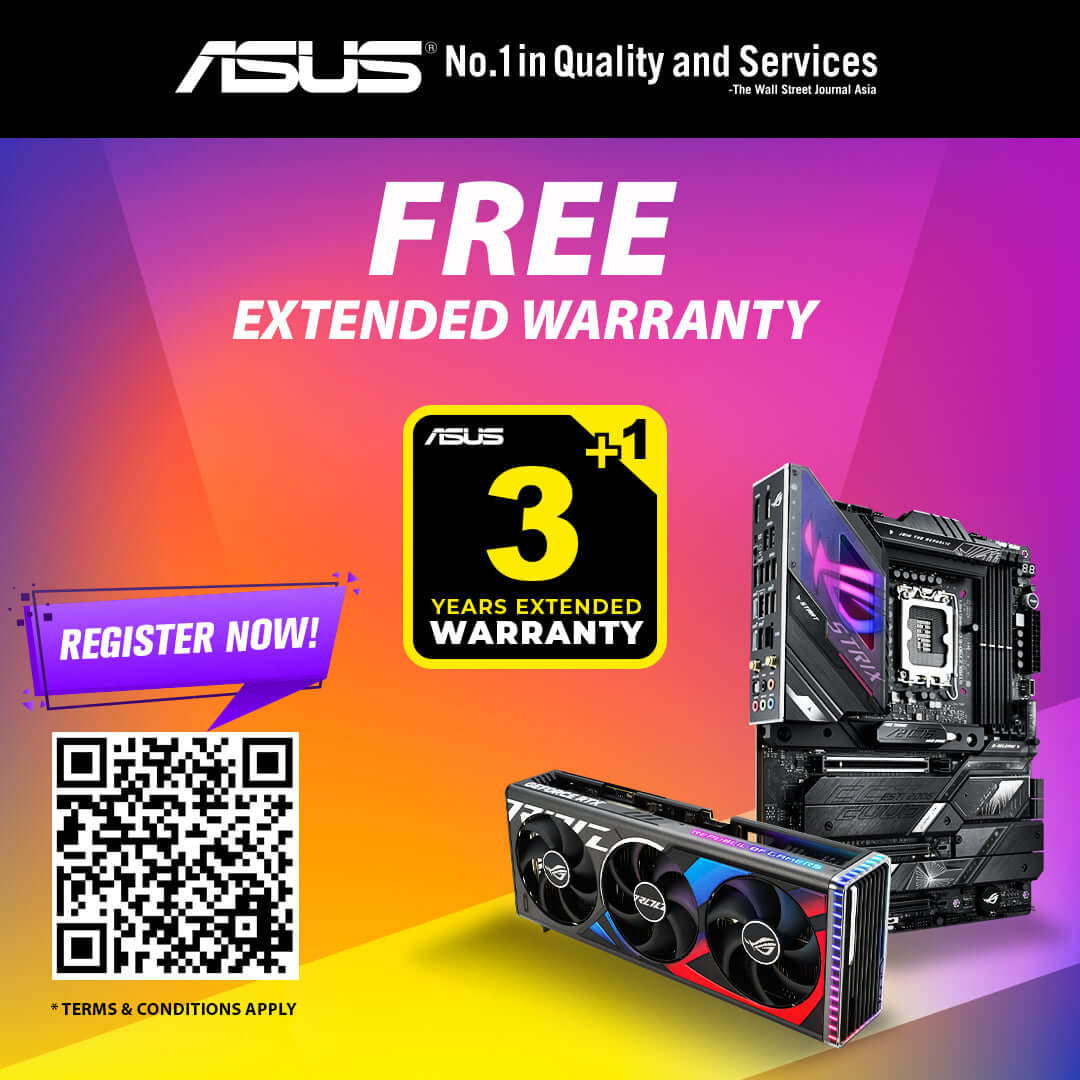 ASUS 3+1 years extended warranty offer with graphics card and motherboard image