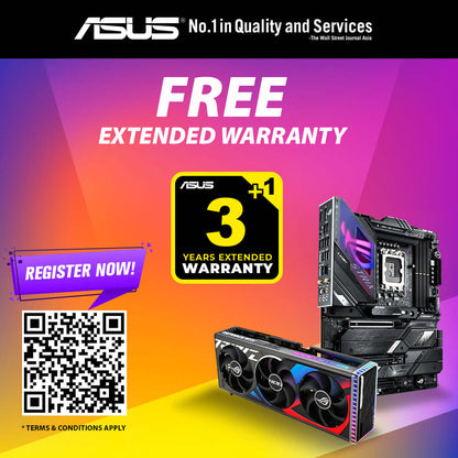 ASUS 3+1 years extended warranty offer with graphics card and motherboard image