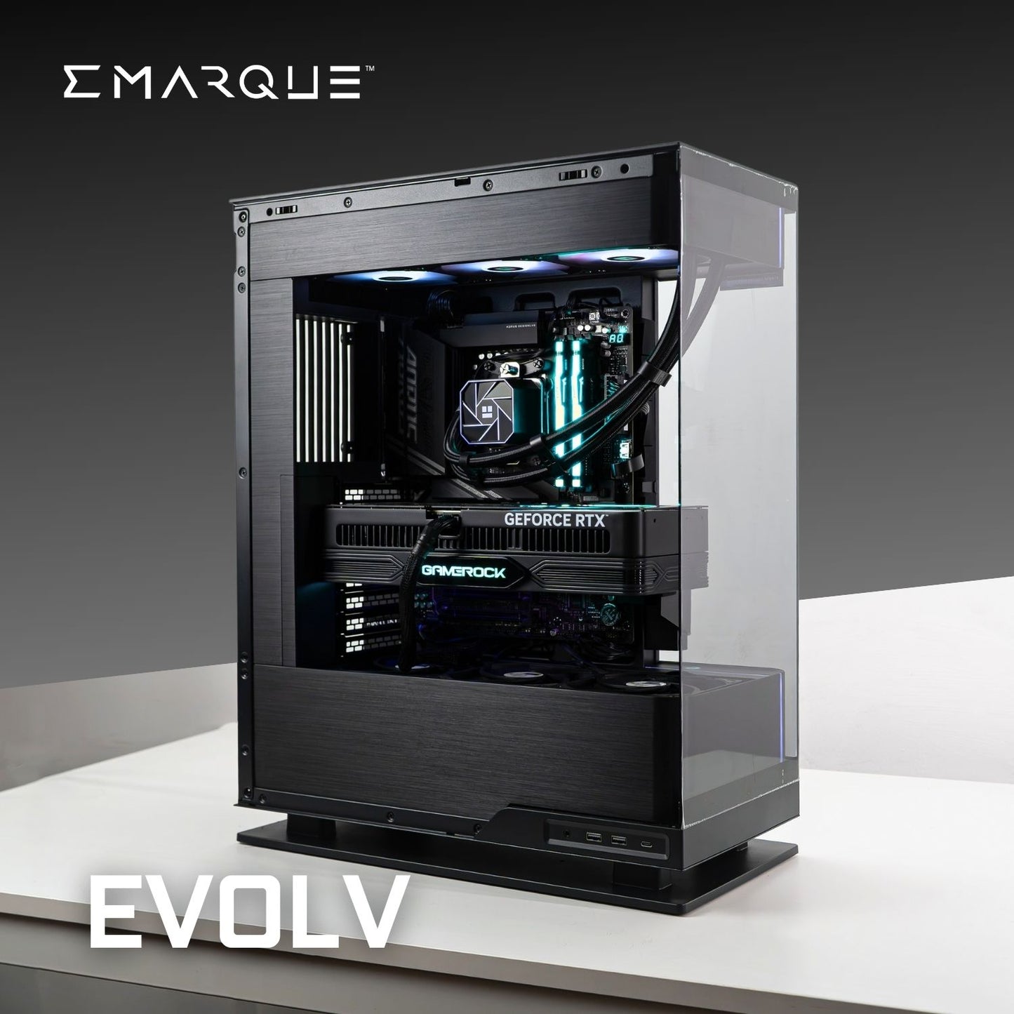 EVOLV gaming PC with AMD Ryzen 7 7800X3D, GeForce RTX 5070 TI, in Phanteks Evolv X2 case, black, showing sleek design and cooling system.