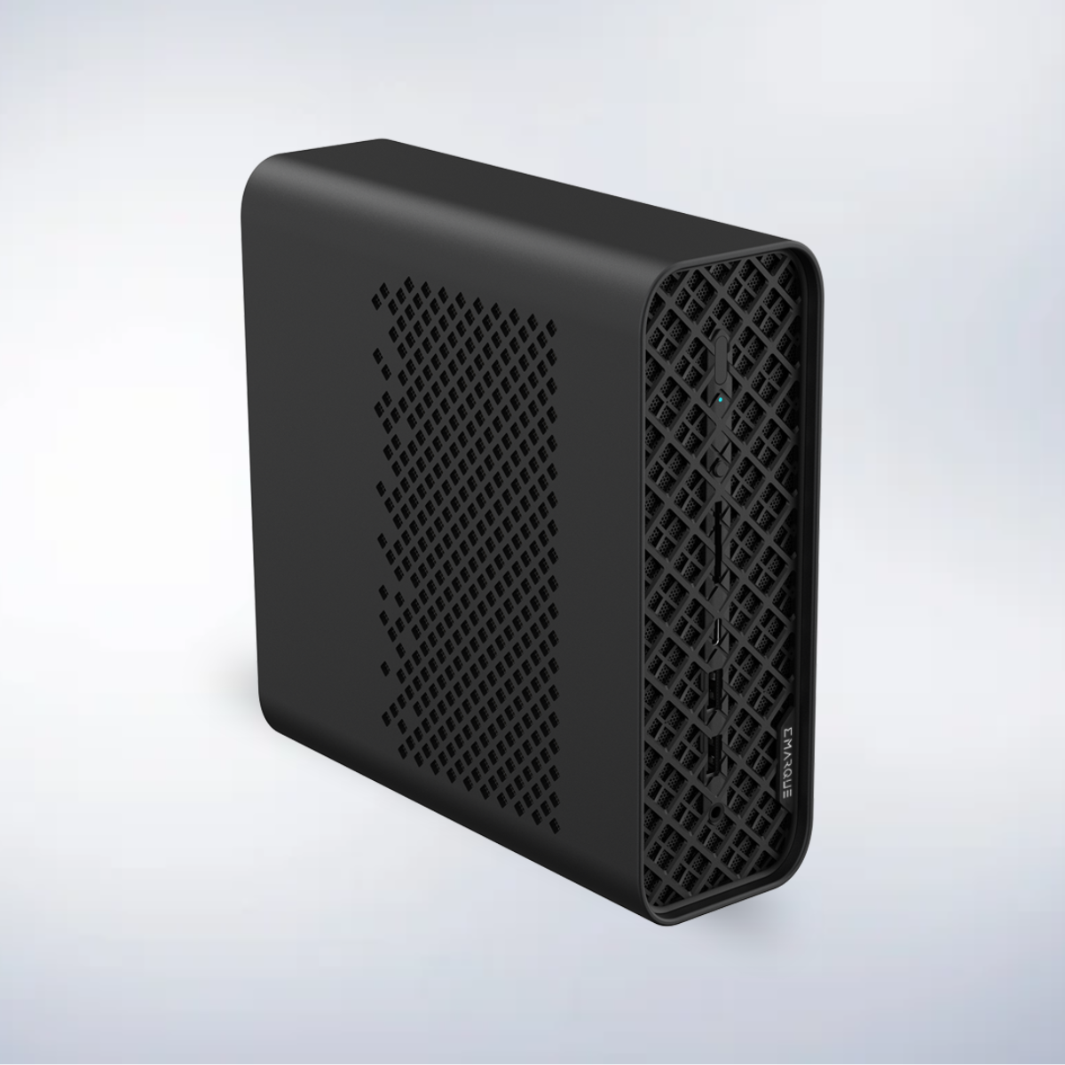 EMARQUE AI Eclipse viewed from the side, showing the perforated ventilation panel and the depth of the compact chassis