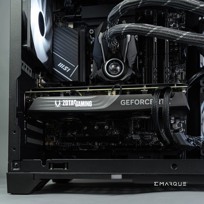 Inside view of EMARQUE workstation featuring AMD Ryzen 7 9700X, GeForce RTX 5070, and MSI components for high-performance tasks.
